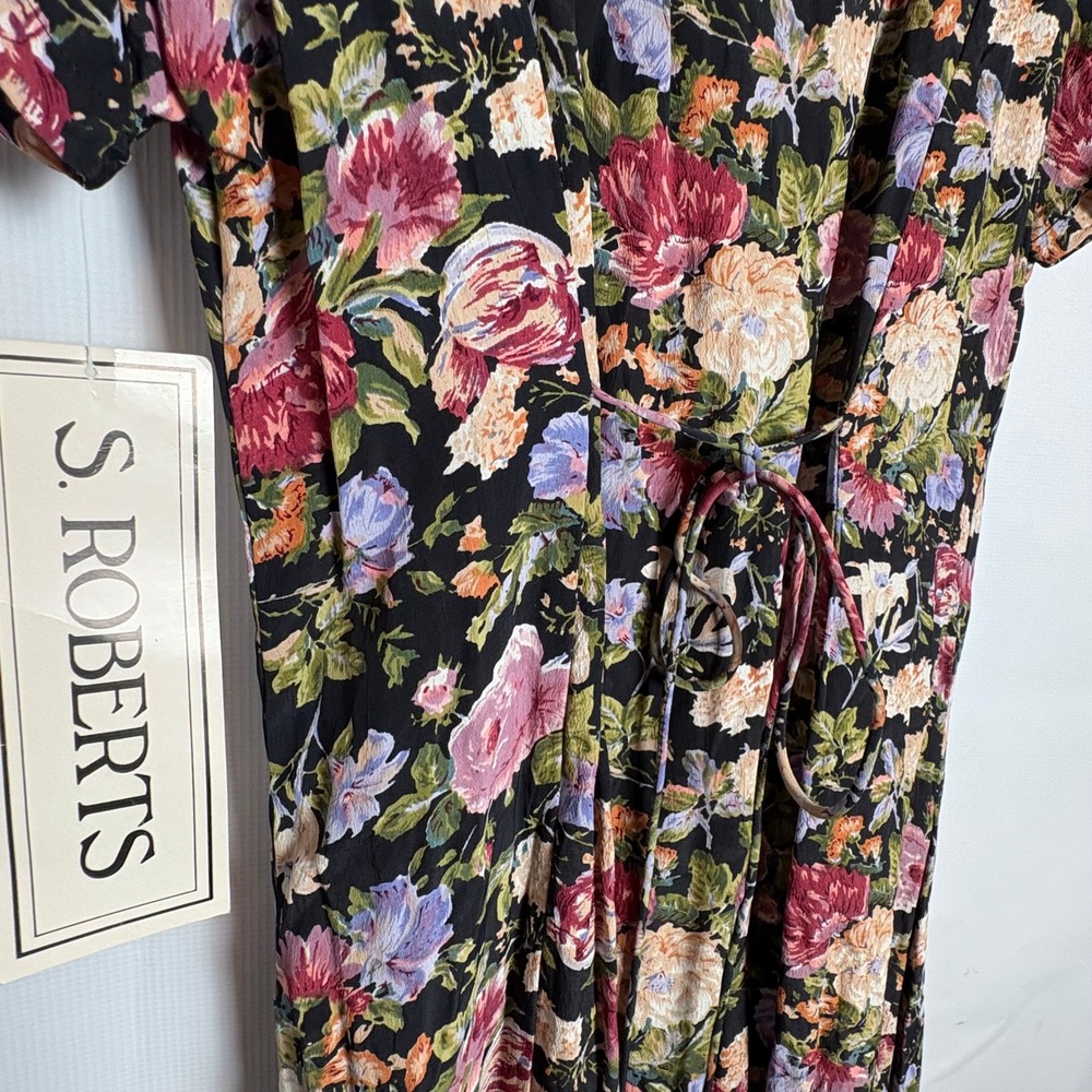 NWT S. Roberts Vintage 90s Dark Floral Maxi Dress Button Front Ruffle 13/14 - Picture 9 of 9